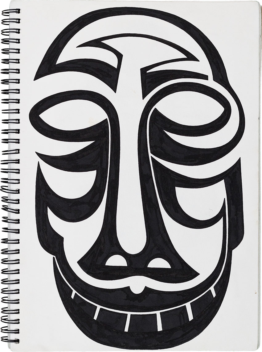 Schweinemann Geist Kobold Maske - Muster Masken Skizzenbuch mit Inka, Atzteken, Maya, Indianer, Eingeborenen Masken Tattoovorlagen gezeichnet vom Künstler  Markus Wülbern