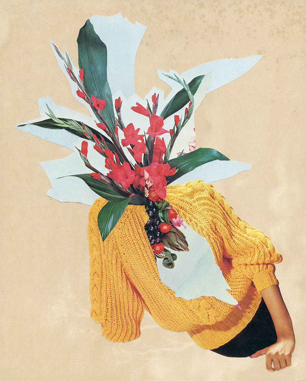 Blumenstraußkopf in gelben Pulli - original Pflanzen, Blüten, Kakteen mit Klamotten, Kleidung Plants with Pants Collage von Markus Wuelbern