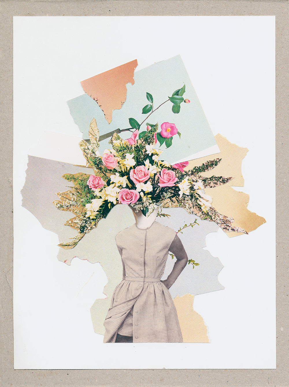 Blumenstraußkopf im Karo Sommerkleid - original Pflanzen, Blüten, Kakteen mit Klamotten, Kleidung Plants with Pants Collage von Markus Wuelbern