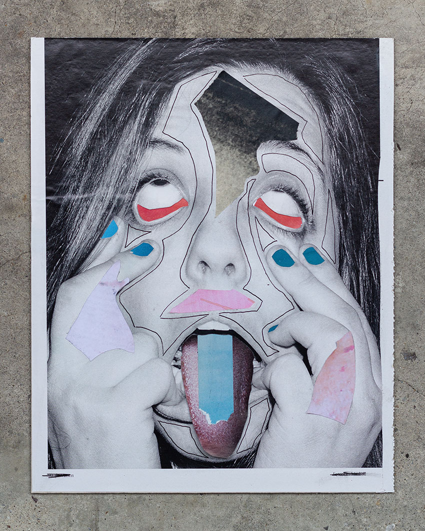 Frauen Gesicht mit Bunten Flecken Pillen - verschiedene Collagen aus dem schönen Schere Leim Papier Mixed Media Kunst Projekt vom Künstler Markus Wülbern