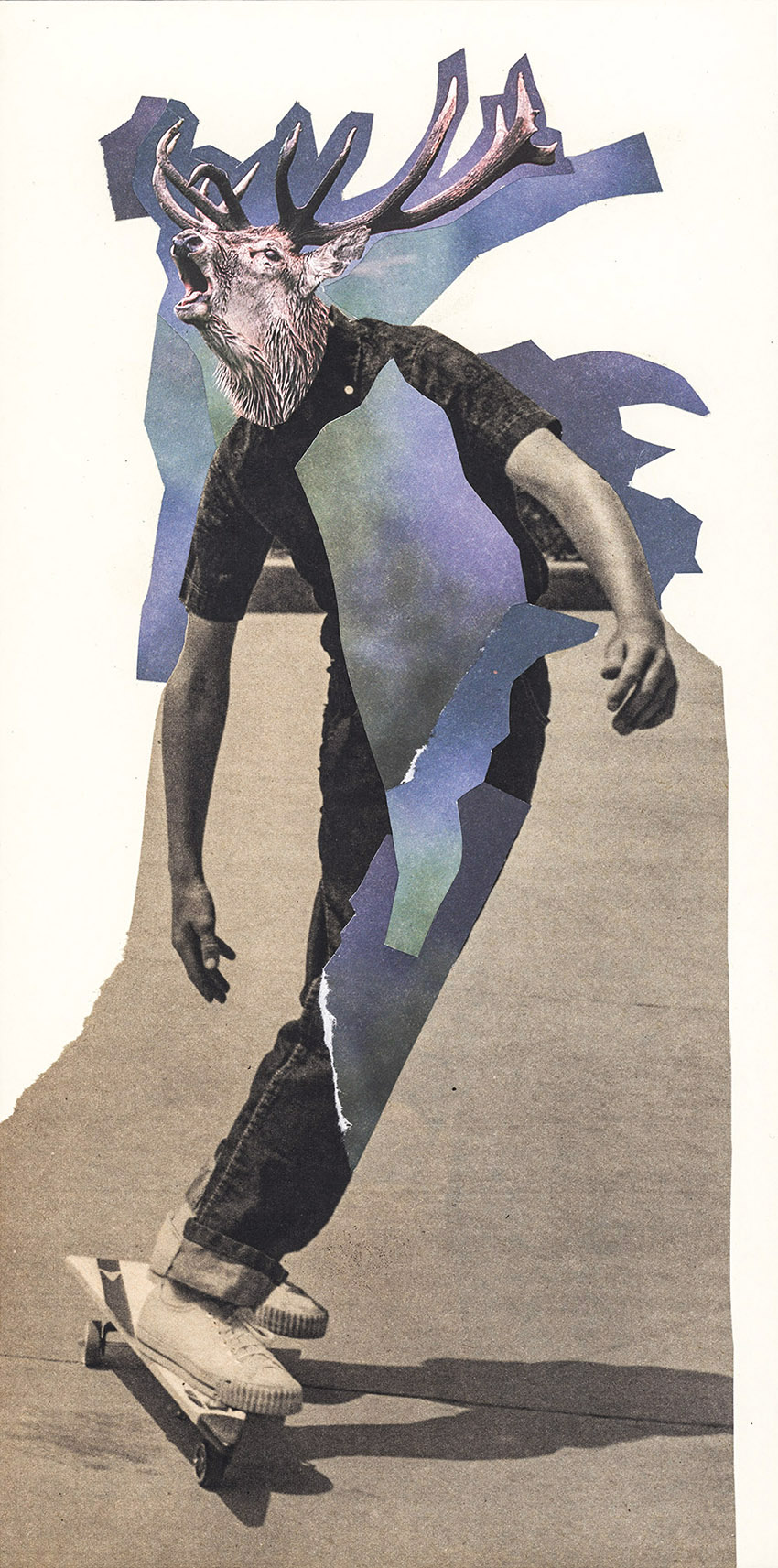 Teenager Hirsch auf Skateboard - original Tiere mit Klamotten, Kleidung, Anzug und Hosen Foto Collagen von Markus Wuelbern
