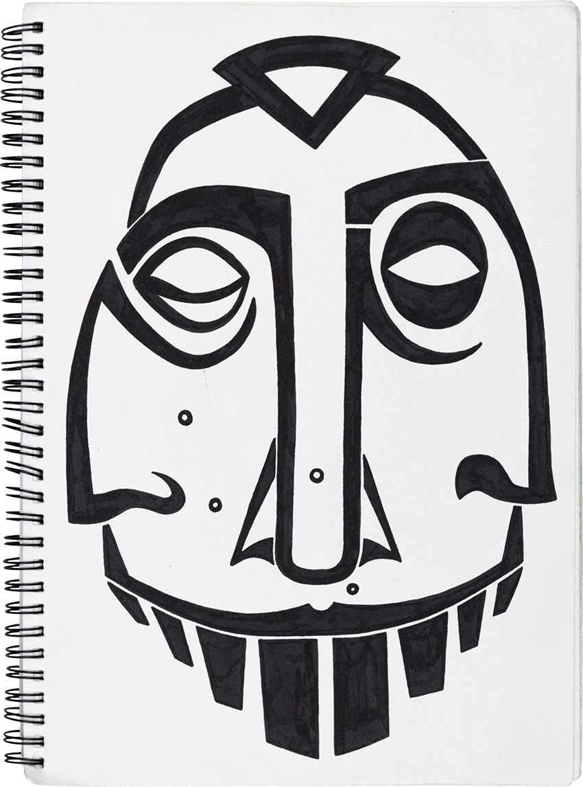 Dreifaltigkeit drei Gesicht Buddha Maske - Muster Masken Skizzenbuch mit Inka, Atzteken, Maya, Indianer, Eingeborenen Masken Tattoovorlagen gezeichnet vom Künstler  Markus Wülbern