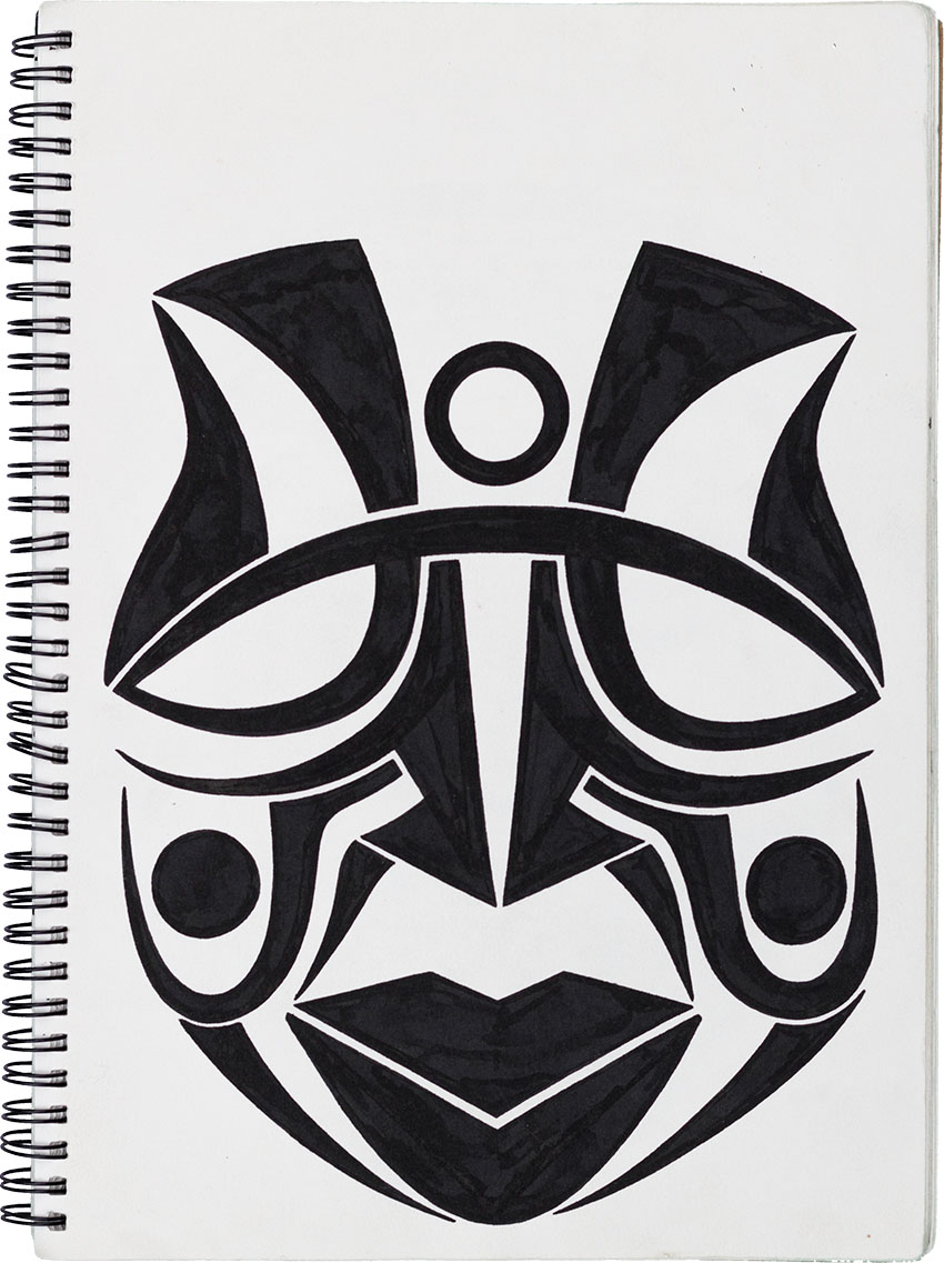 Alter Indianer Häuptling Tanz Maske - Muster Masken Skizzenbuch mit Inka, Atzteken, Maya, Indianer, Eingeborenen Masken Tattoovorlagen gezeichnet vom Künstler  Markus Wülbern