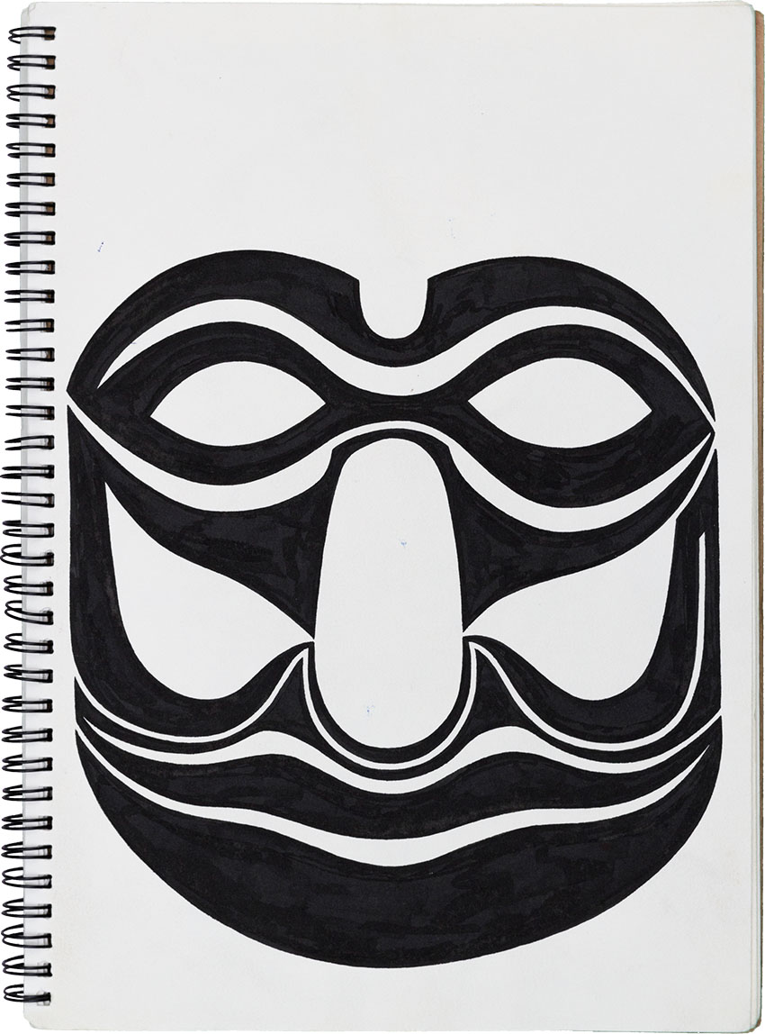 Schalk Geist Gott des Witzes Maske - Muster Masken Skizzenbuch mit Inka, Atzteken, Maya, Indianer, Eingeborenen Masken Tattoovorlagen gezeichnet vom Künstler  Markus Wülbern