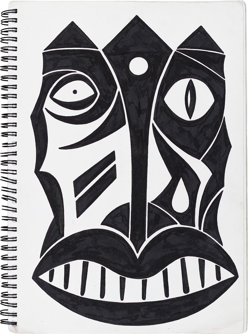 König der Eingebohrenen Maske - Muster Masken Skizzenbuch mit Inka, Atzteken, Maya, Indianer, Eingeborenen Masken Tattoovorlagen gezeichnet vom Künstler  Markus Wülbern