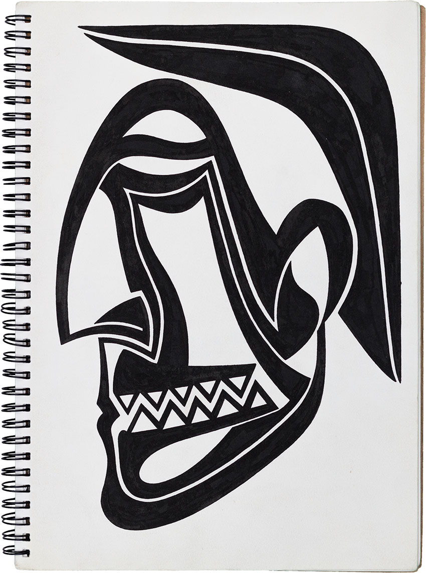 Indianer Krieger Maske seitlich - Muster Masken Skizzenbuch mit Inka, Atzteken, Maya, Indianer, Eingeborenen Masken Tattoovorlagen gezeichnet vom Künstler  Markus Wülbern