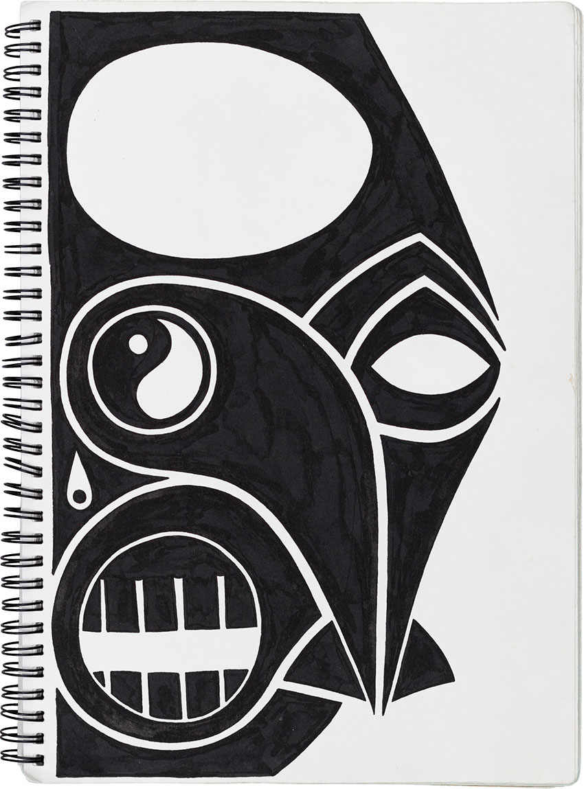 Schamane Balance Traumreise mit Ying Yang Maske - Muster Masken Skizzenbuch mit Inka, Atzteken, Maya, Indianer, Eingeborenen Masken Tattoovorlagen gezeichnet vom Künstler  Markus Wülbern