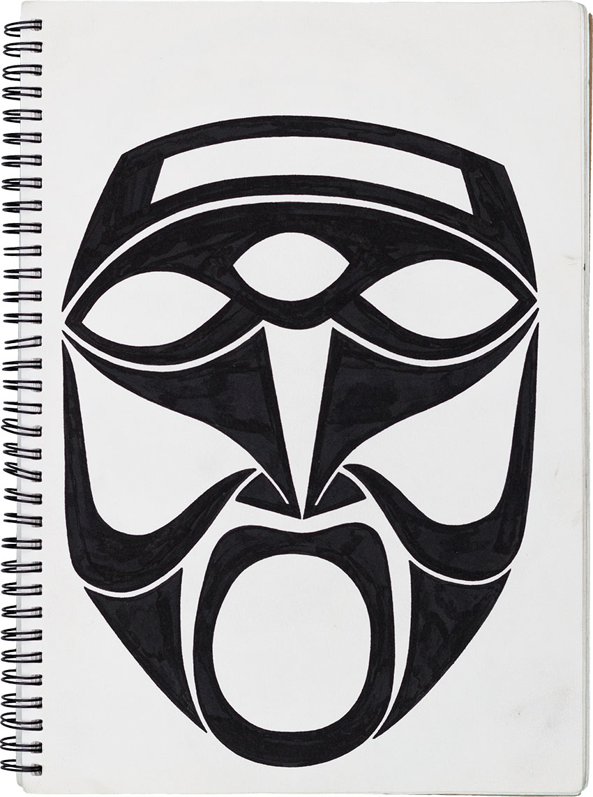 Schamane drittes Auge schreit Maske - Muster Masken Skizzenbuch mit Inka, Atzteken, Maya, Indianer, Eingeborenen Masken Tattoovorlagen gezeichnet vom Künstler  Markus Wülbern