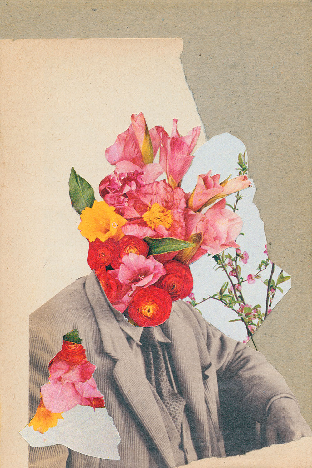 Blumenstrauß Kopf im Anzug und Krawatte - original Pflanzen, Blüten, Kakteen mit Klamotten, Kleidung Plants with Pants Collage von Markus Wuelbern