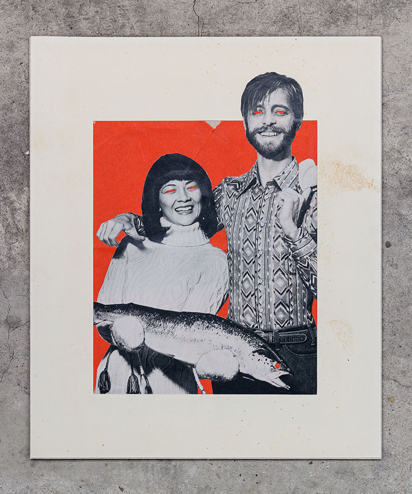 Mann, Frau und Fisch vor Rot - verschiedene Collagen aus dem schönen Schere Leim Papier Mixed Media Kunst Projekt vom Künstler Markus Wülbern