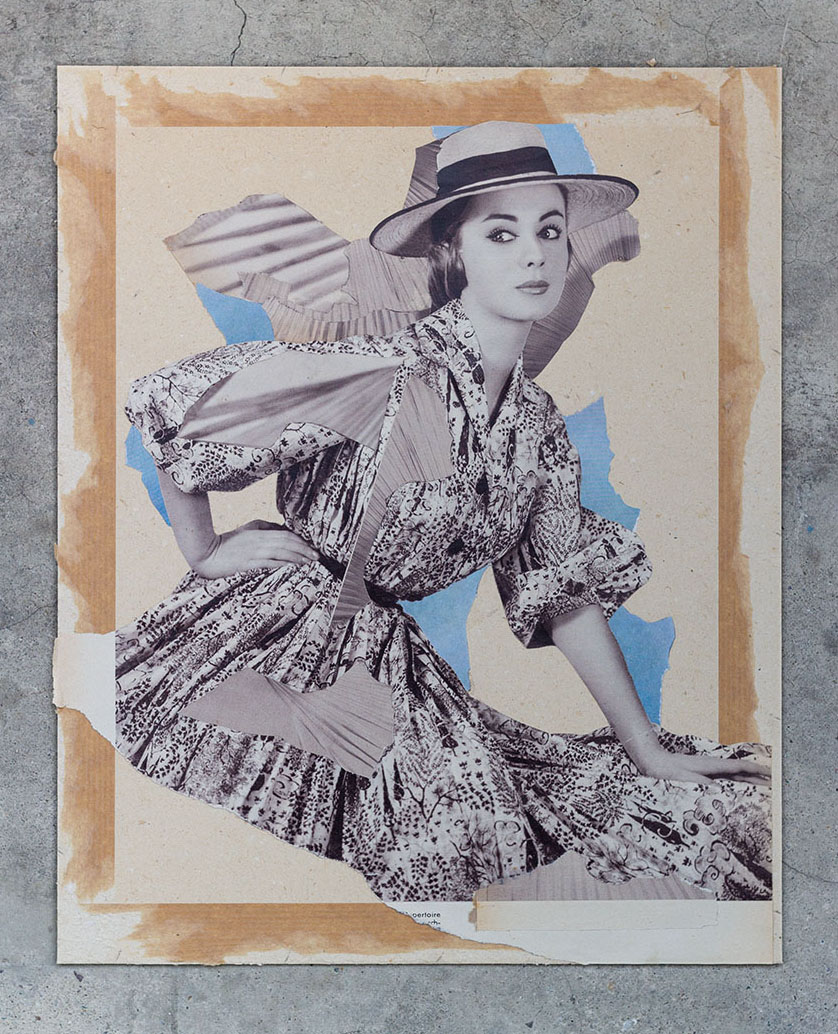 Frau mit Hut in hübschen Sommerkleid - verschiedene Collagen aus dem schönen Schere Leim Papier Mixed Media Kunst Projekt vom Künstler Markus Wülbern