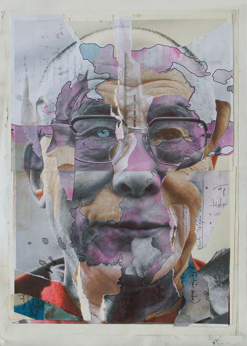 14er Dalai Lama Tenzin Gyatso - abstrakte Formen und Farben Collagen Kunst mit berühmten Politikern und Persönlichkeiten vom Künstler Markus Wülbern