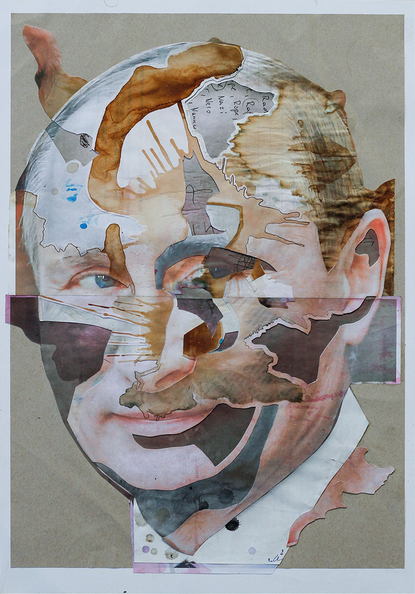 Wladimir Putin - abstrakte Formen und Farben Collagen Kunst mit berühmten Politikern und Persönlichkeiten vom Künstler Markus Wülbern