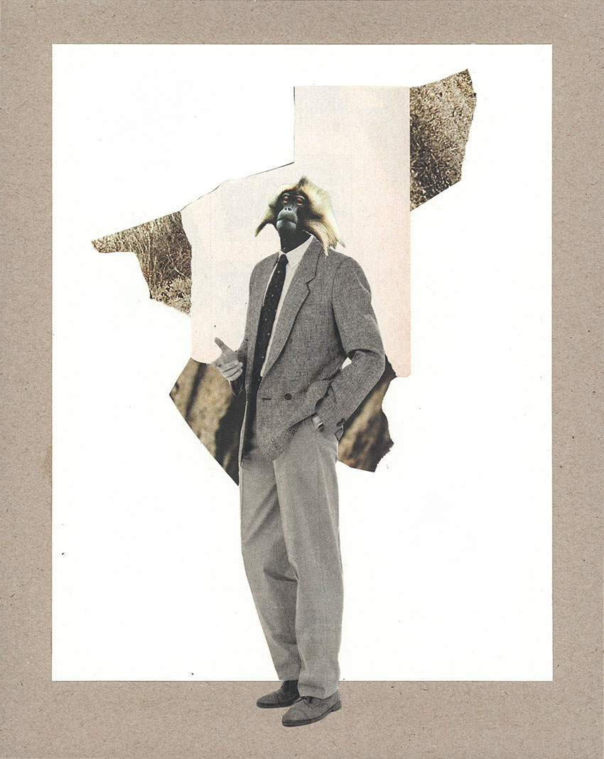 Posender Manager Affe zeigt in die Kamera - original Tiere mit Klamotten, Kleidung, Anzug und Hosen Foto Collagen von Markus Wuelbern
