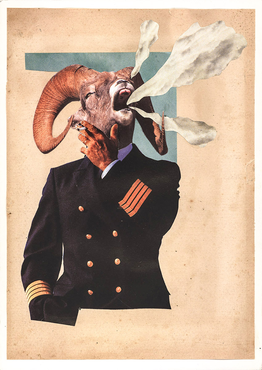 rauchender Kapitän Steinbock mit Zigarette - original Tiere mit Klamotten, Kleidung, Anzug und Hosen Foto Collagen von Markus Wuelbern