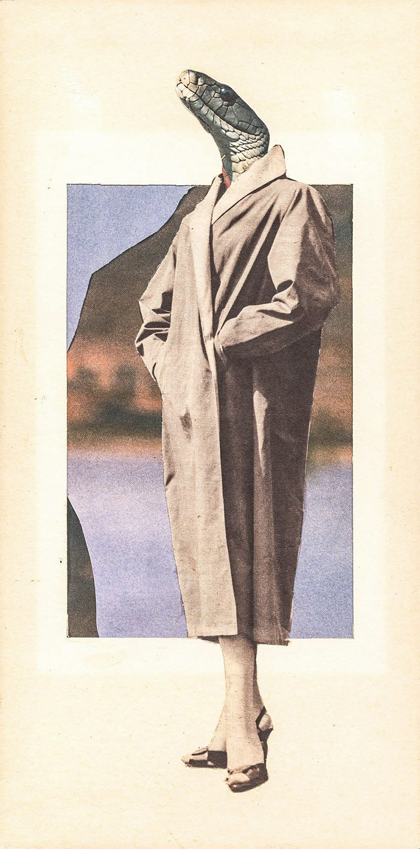 elegante Schlangen Frau im langen Mantel - original Tiere mit Klamotten, Kleidung, Anzug und Hosen Foto Collagen von Markus Wuelbern