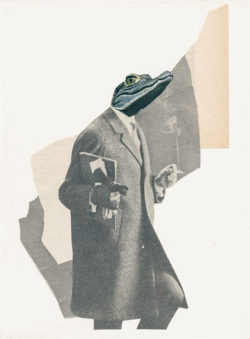 Juristen Alligator raucht eine Zigarette und hält Akten in der Handschuh Hand - original Tiere mit Klamotten, Kleidung und Hosen Foto Collage von Markus Wuelbern (Wülbern) mit Holzrahmen