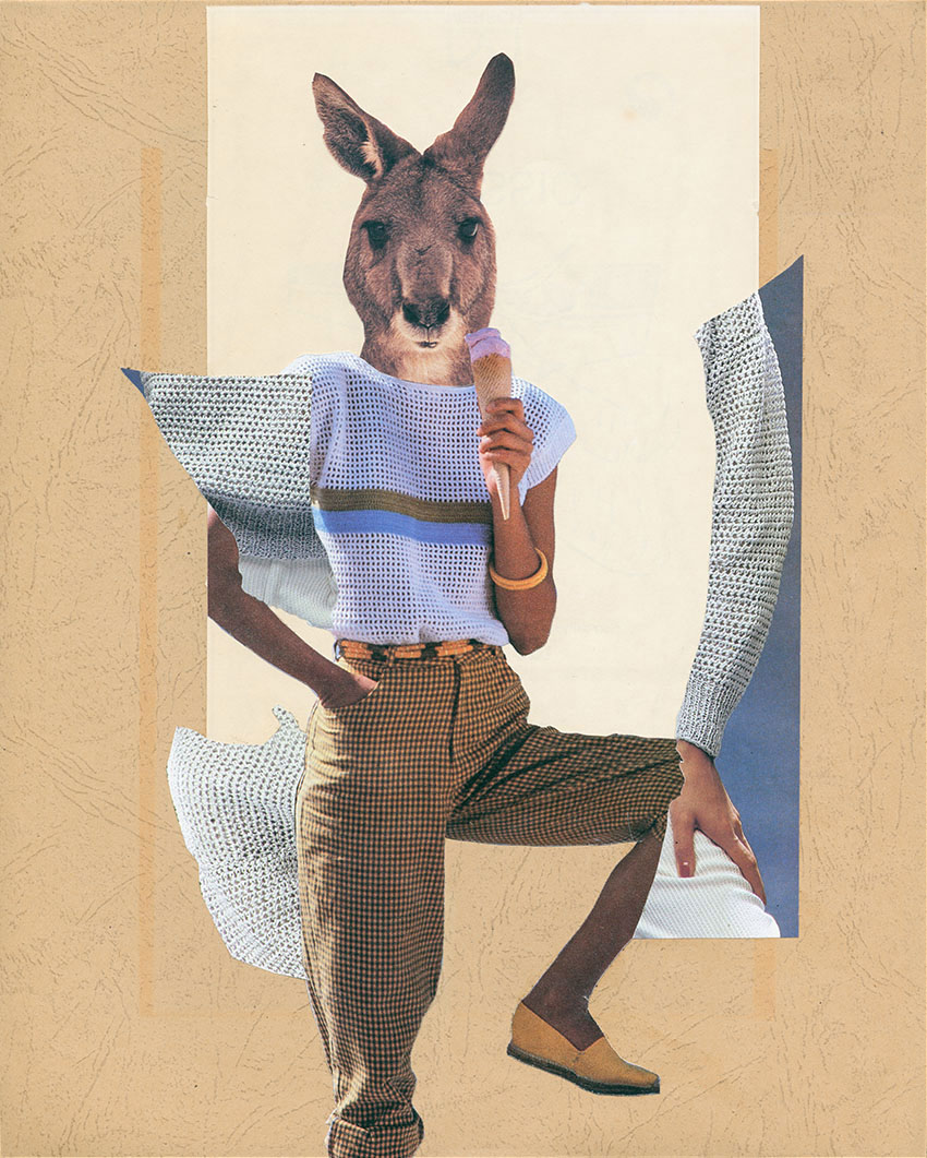 Känguru kühlt sich mit Erdbeer Eis ein wenig ab - original Tiere mit Klamotten, Kleidung und Hosen Foto Collage von Markus Wuelbern (Wülbern) mit Holzrahmen