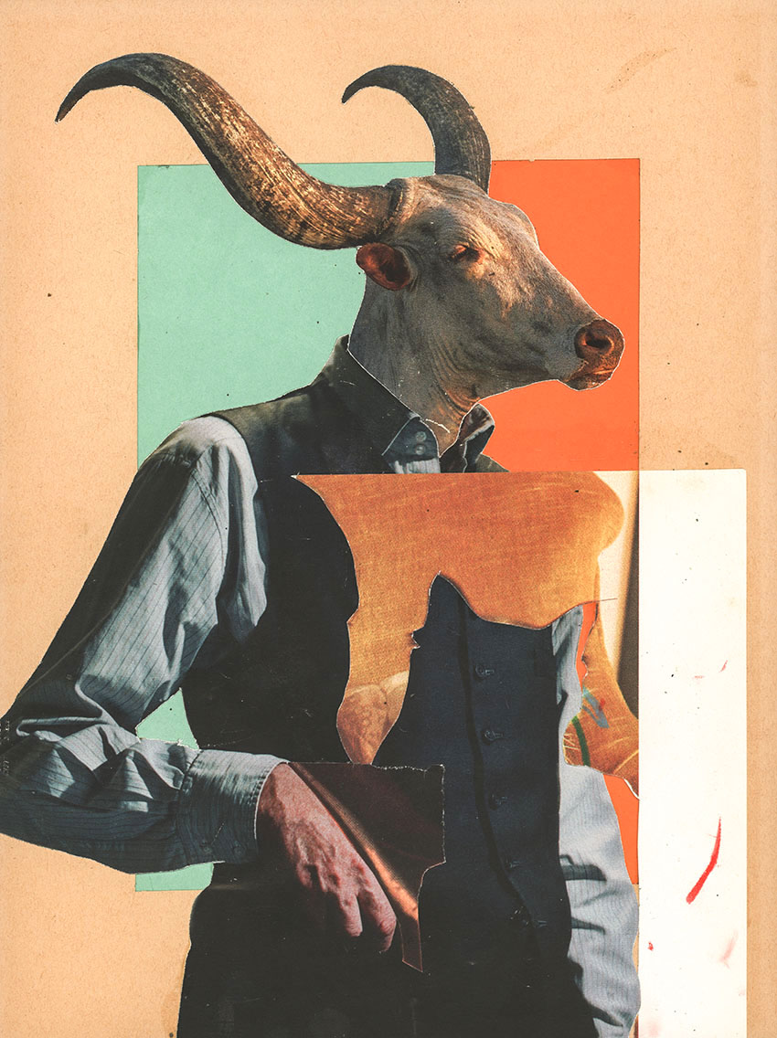 cooler männlicher Stier in Anzug Weste lehnt entspannt an Bar - original Tiere mit Klamotten, Kleidung und Hosen Foto Collage von Markus Wuelbern (Wülbern) mit Holzrahmen