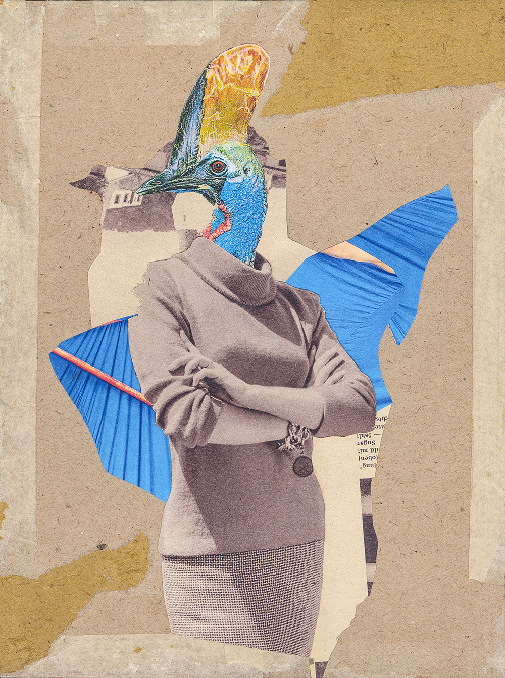 Zweckehe zwischen einem Gnu Herren und einer Rehdame - original Tiere mit Klamotten, Kleidung und Hosen Foto Collage von Markus Wuelbern (Wülbern) mit Holzrahmen
